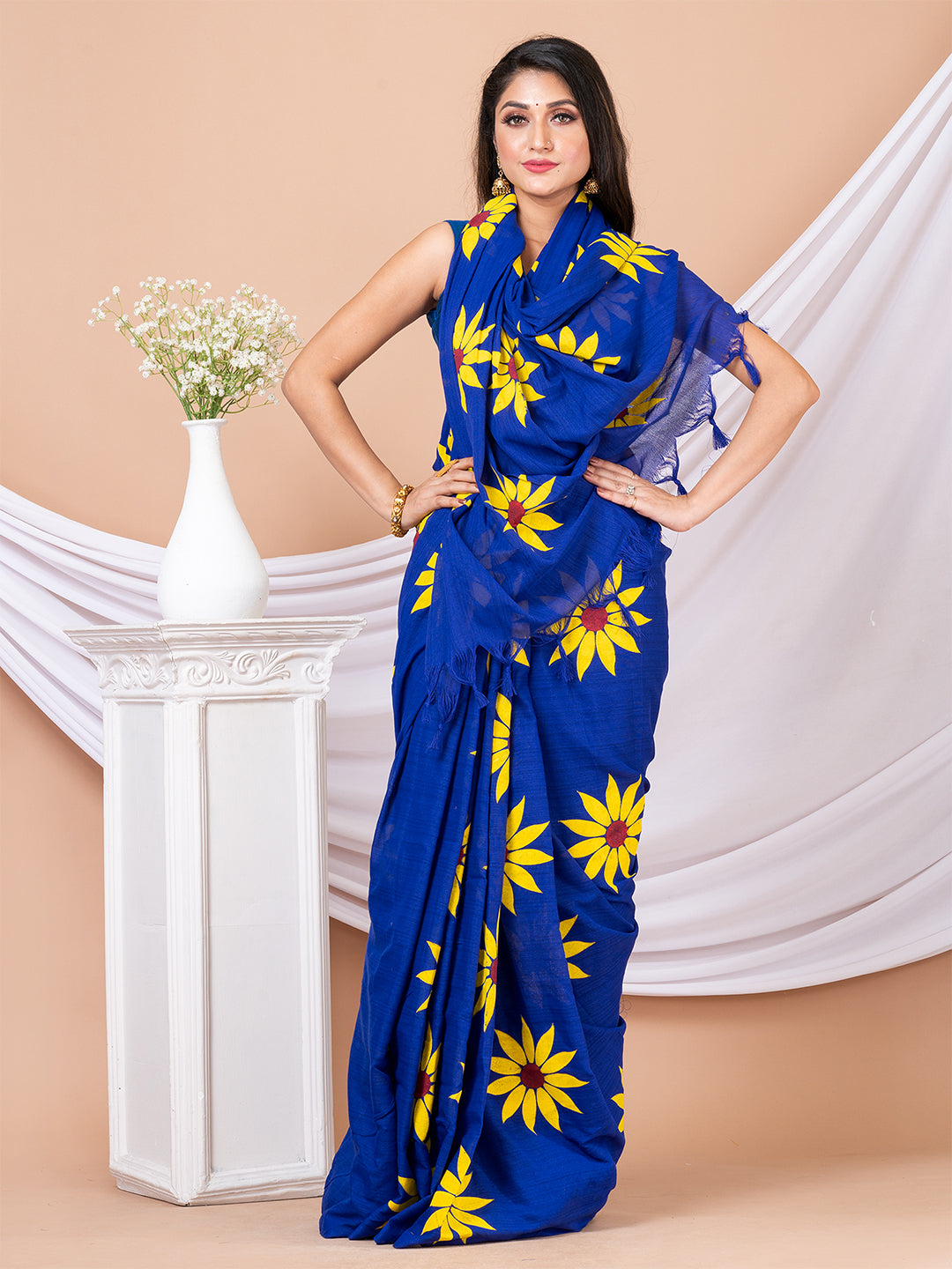 Blue & Yellow Pure cotton Sunflower design Handloom Saree