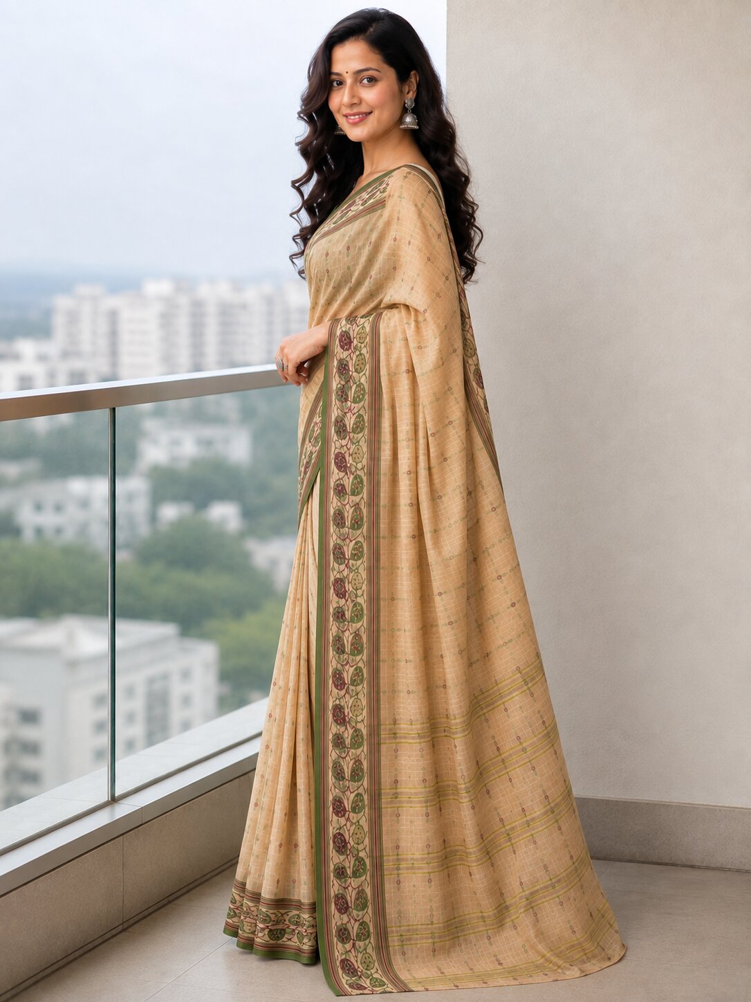 Laa Calcutta Beige & Multi cotton blend Taant saree