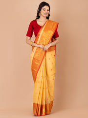 Beige & Red pure cotton taant saree