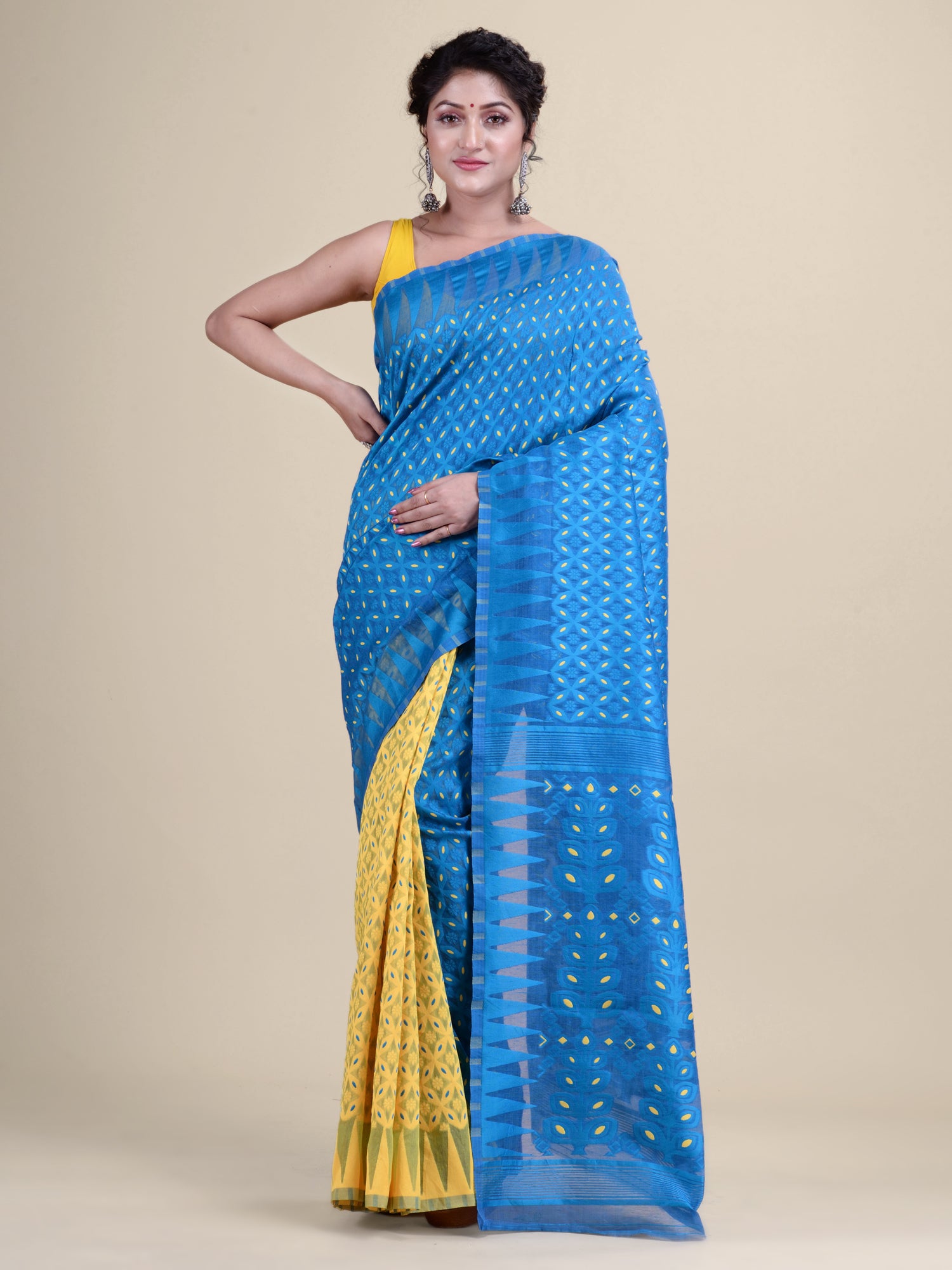 Blue  & Yellow Cotton Minakari Jamdani Saree