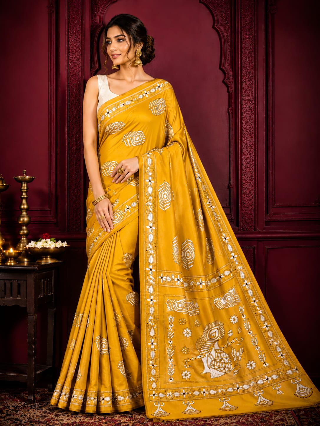 Laa Calcutta Yellow & White hand-stitch embroidary silk blend kantha stitch saree