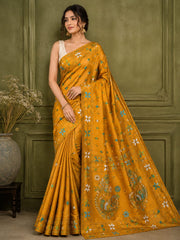 Laa Calcutta Yellow & Multi hand-stitch embroidary silk blend kantha stitch saree