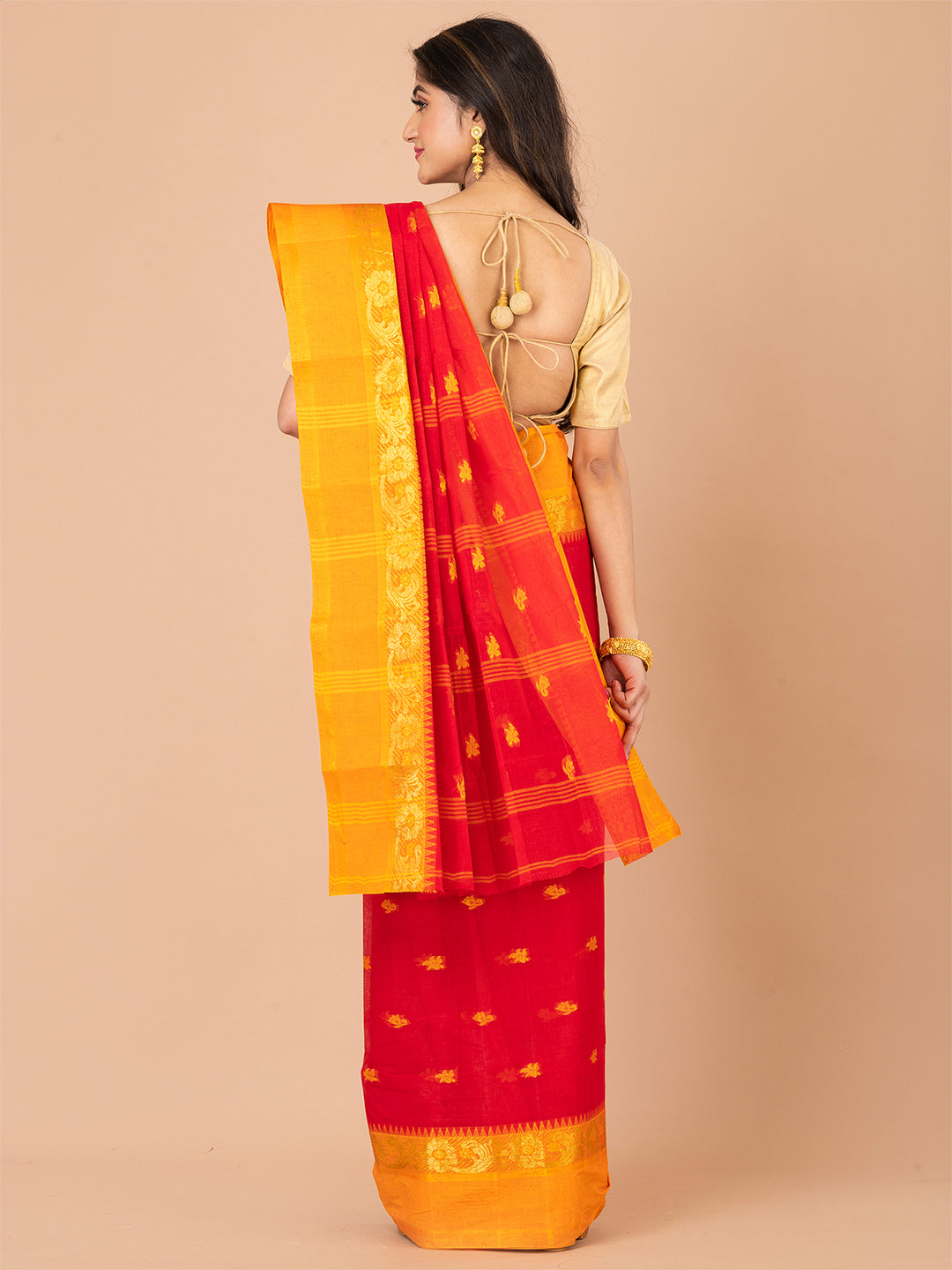 Red & Orange pure cotton taant saree