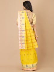 Yellow & White pure cotton taant saree