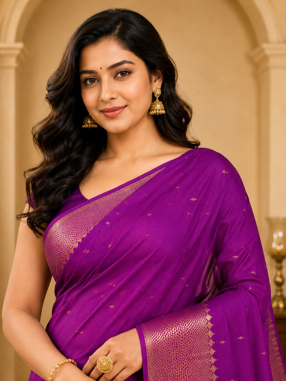 Laa Calcutta Purple & Gold pure cotton Taant saree