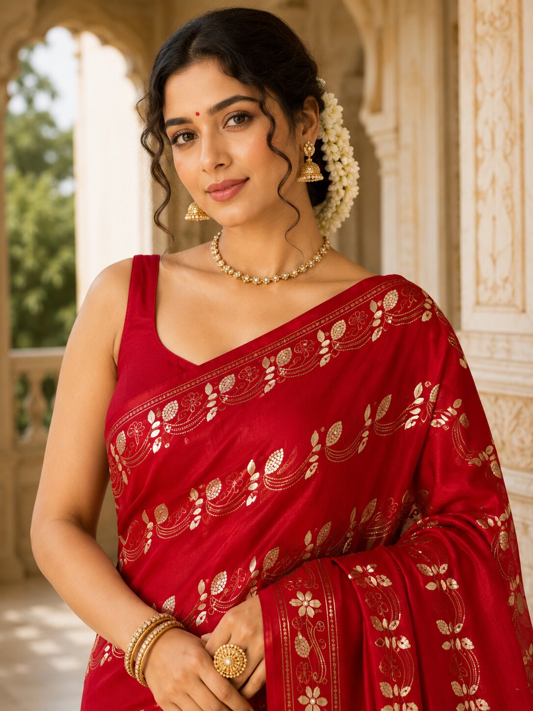 Laa Calcutta Red & White hand-stitch embroidary silk blend kantha stitch saree