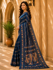 Laa Calcutta Navy Blue & Multi hand-stitch embroidary silk blend kantha stitch saree