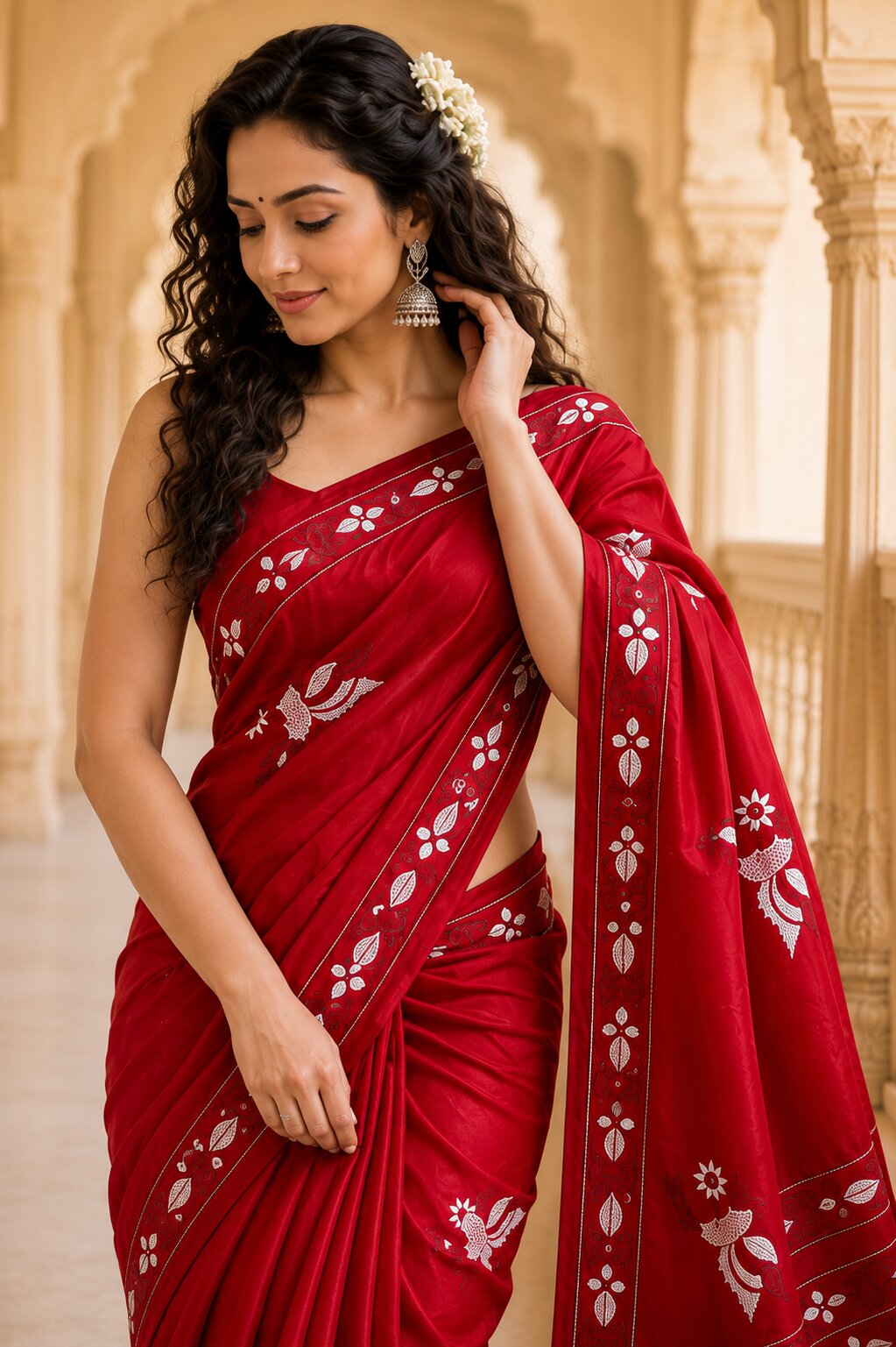 Laa Calcutta Red & White hand-stitch embroidary silk blend kantha stitch saree