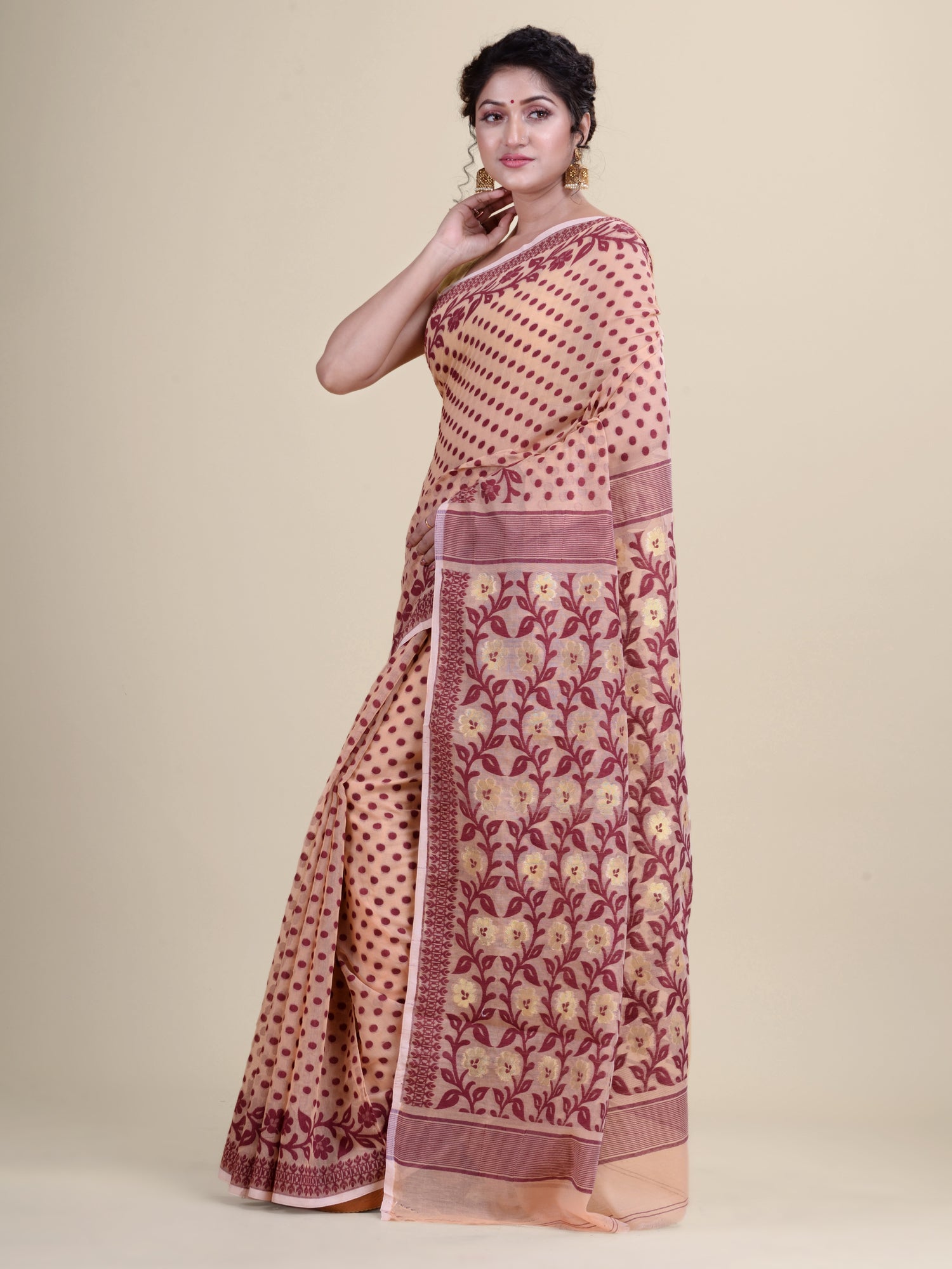 Beige & Maroon Cotton Jamdani Saree