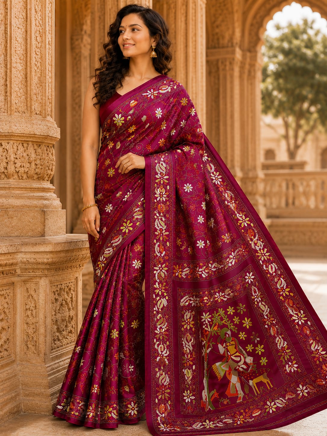 Laa Calcutta Magenta & Multi hand-stitch embroidary silk blend kantha stitch saree