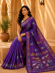 Laa Calcutta Purple & Multi hand-stitch embroidary silk blend kantha stitch saree