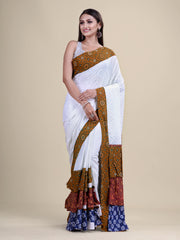 White & Multi Hakuba Raffel handloom Saree