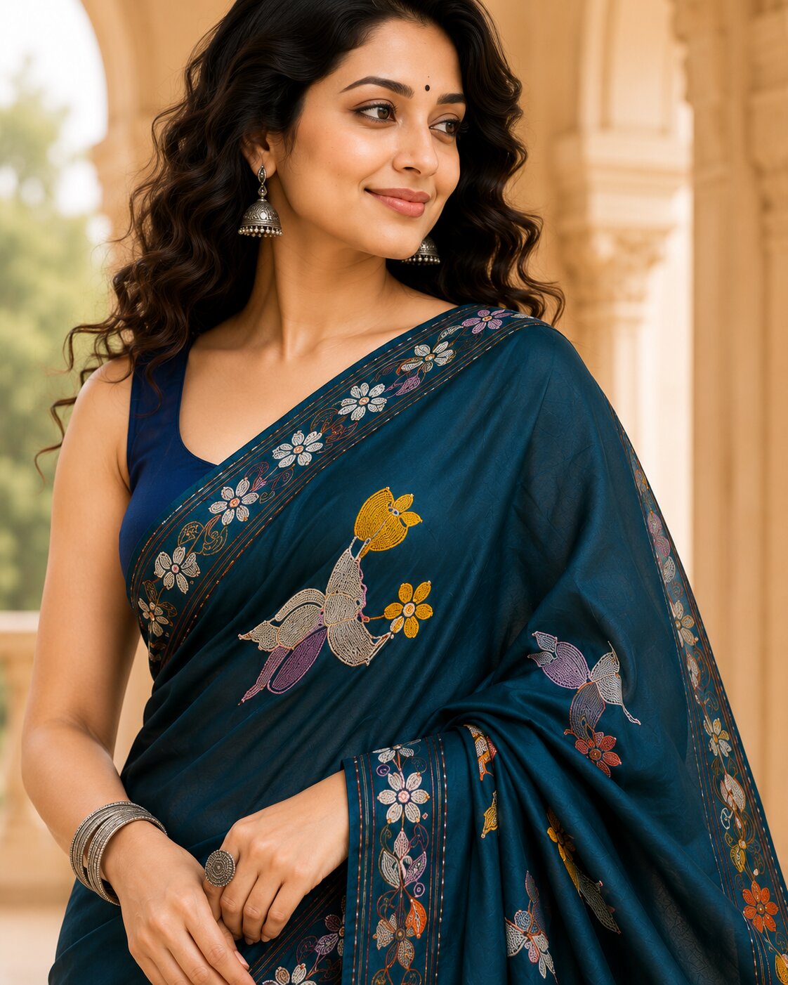 Laa Calcutta Navy Blue & Multi hand-stitch embroidary silk blend kantha stitch saree