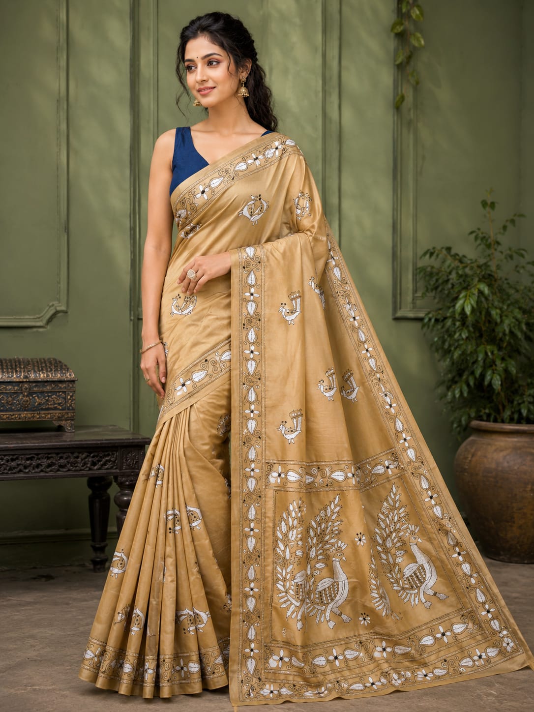 Laa Calcutta Beige & Multi hand-stitch embroidary silk blend kantha stitch saree