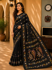 Laa Calcutta Black & Multi hand-stitch embroidary silk blend kantha stitch saree