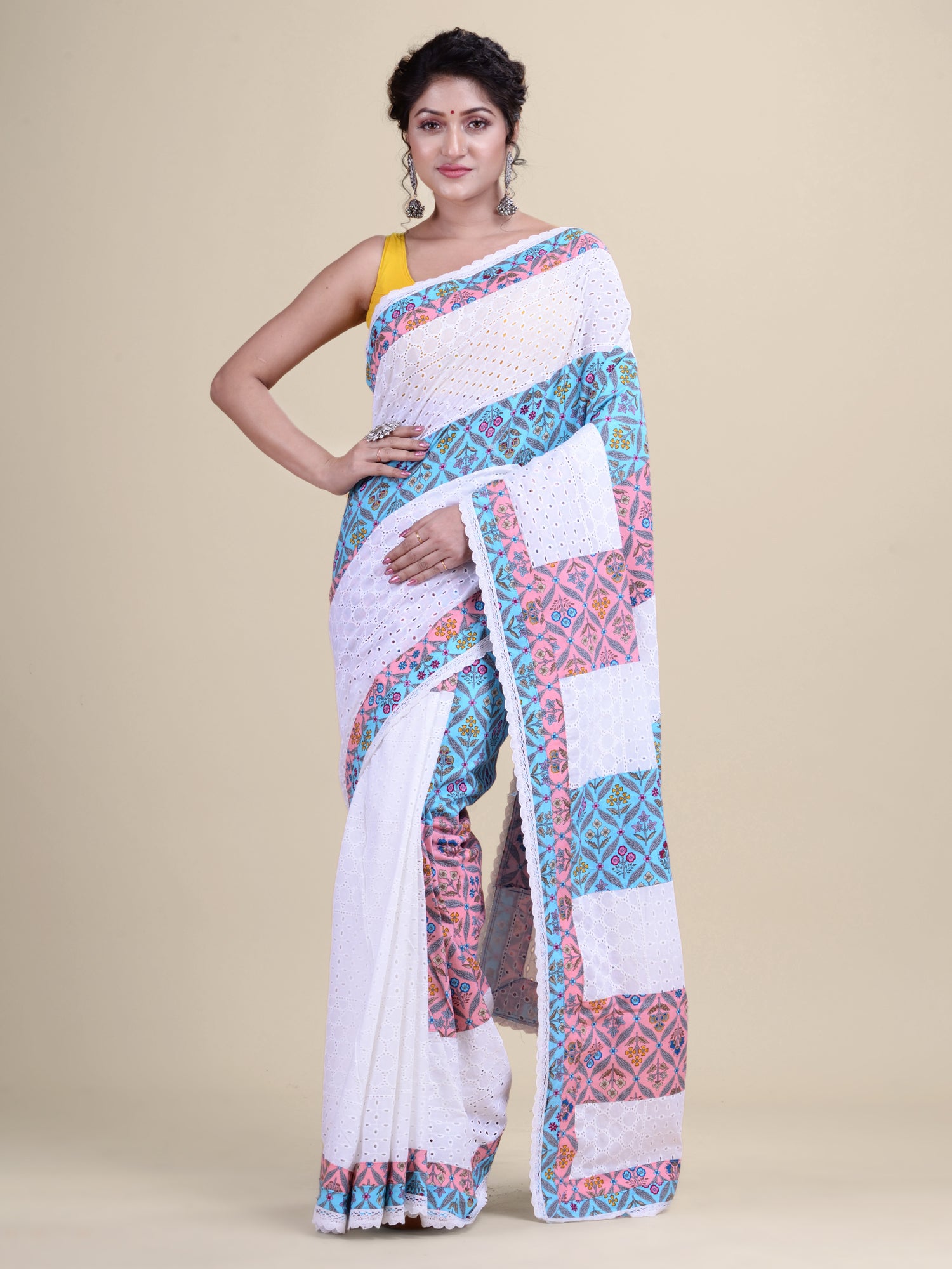 White & Multi Ajrakh Hakuba handloom Saree