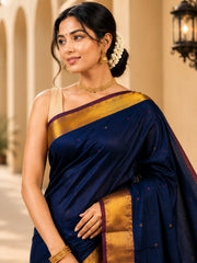 Laa Calcutta Navy Blue & Multi pure cotton Taant saree