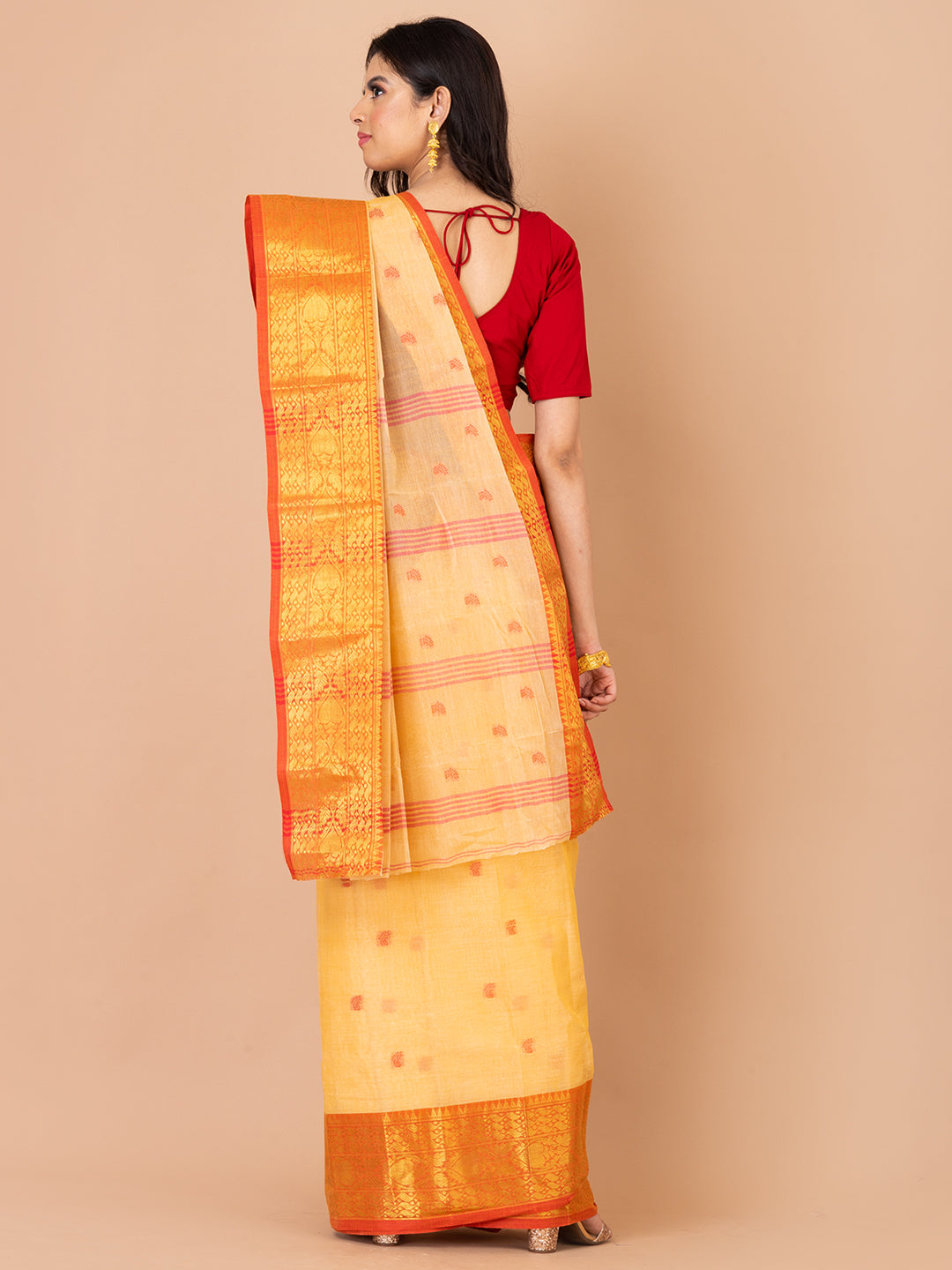 Beige & Red pure cotton taant saree