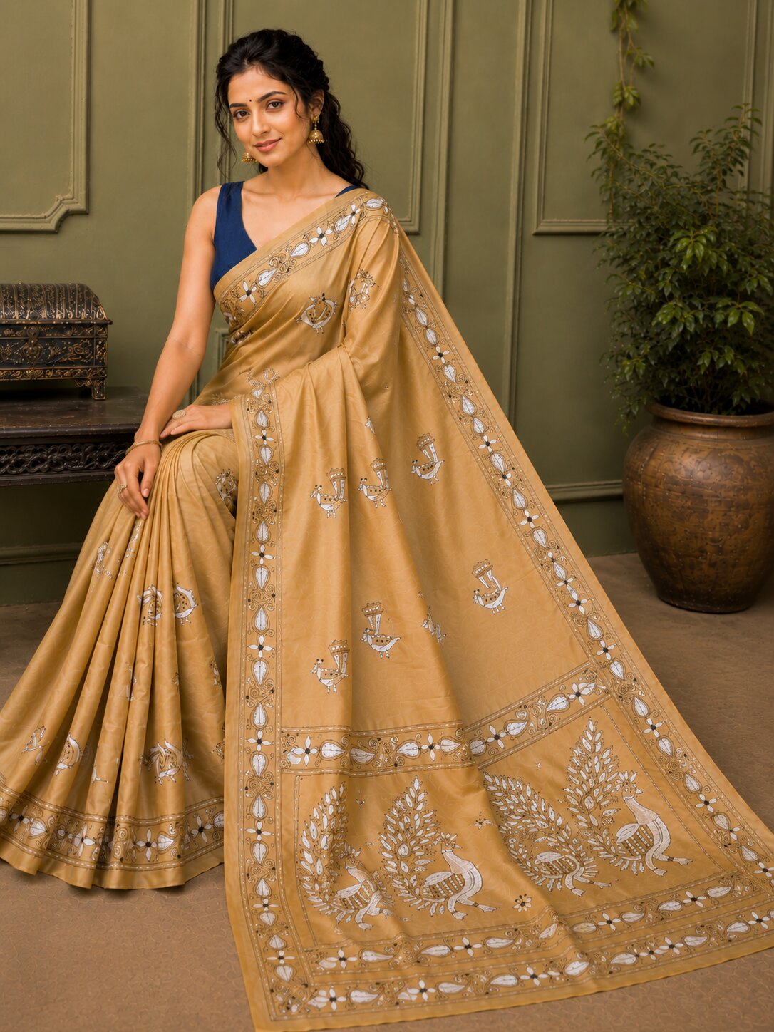 Laa Calcutta Beige & Multi hand-stitch embroidary silk blend kantha stitch saree