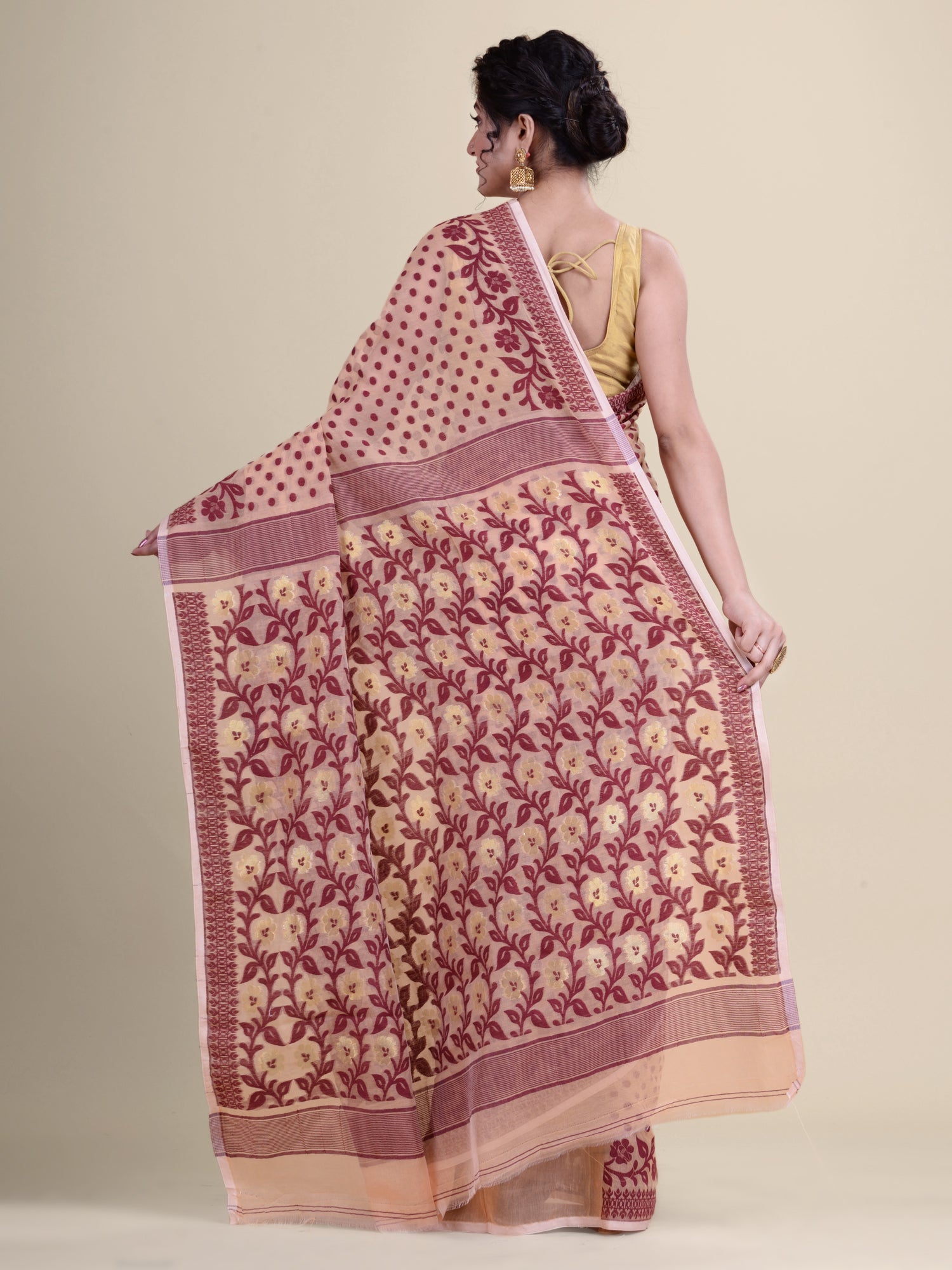 Beige & Maroon Cotton Jamdani Saree