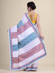 White & Multi Ajrakh Hakuba handloom Saree