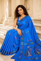 Laa Calcutta Blue & Multi hand-stitch embroidary silk blend kantha stitch saree