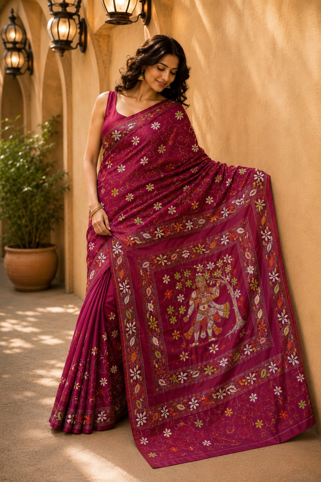 Laa Calcutta Magenta & Multi hand-stitch embroidary silk blend kantha stitch saree