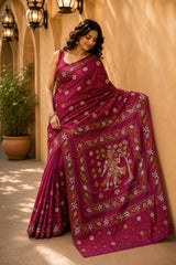 Laa Calcutta Magenta & Multi hand-stitch embroidary silk blend kantha stitch saree