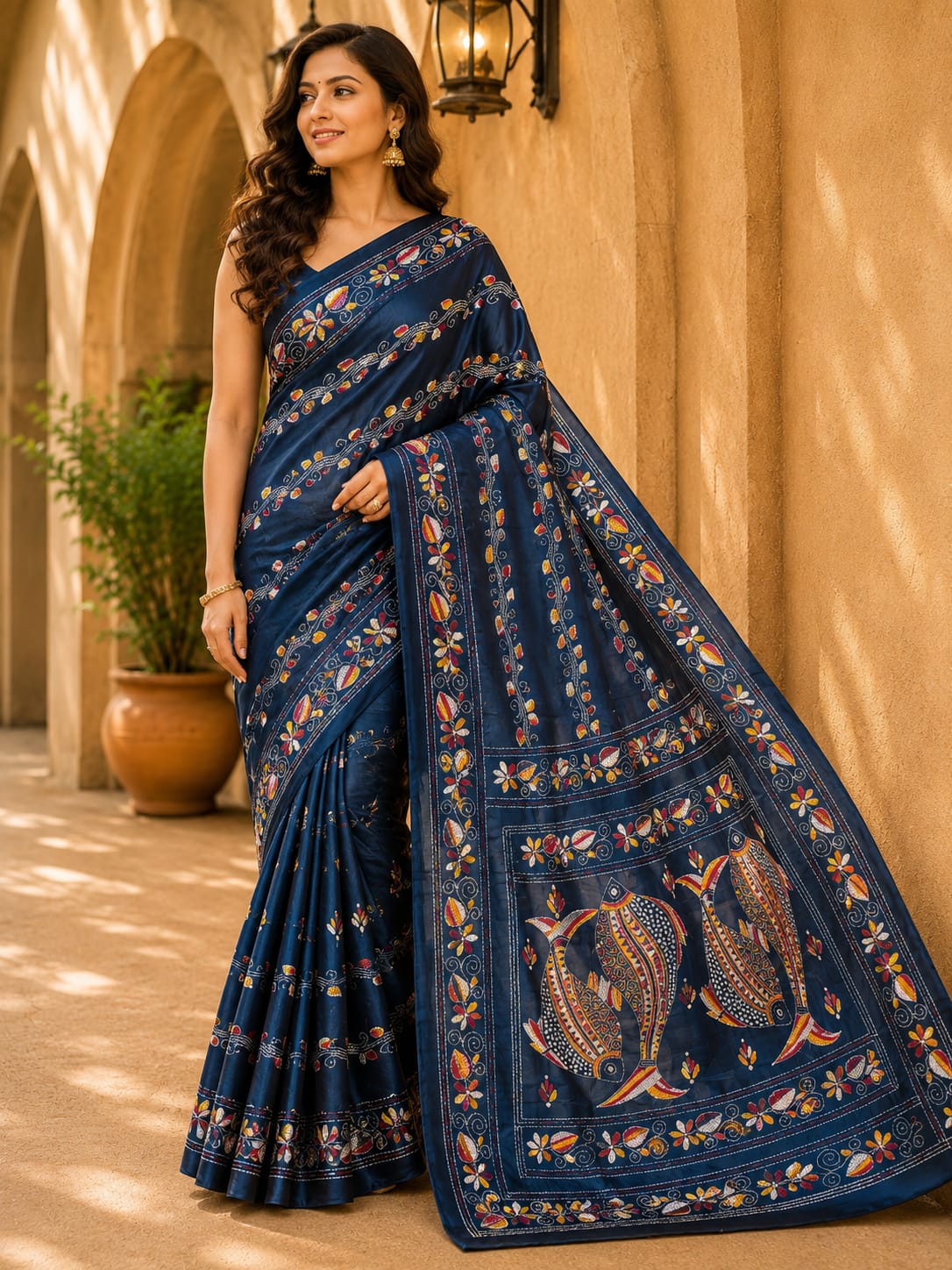 Laa Calcutta Navy Blue & Multi hand-stitch embroidary silk blend kantha stitch saree