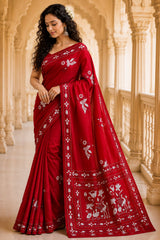 Laa Calcutta Red & White hand-stitch embroidary silk blend kantha stitch saree