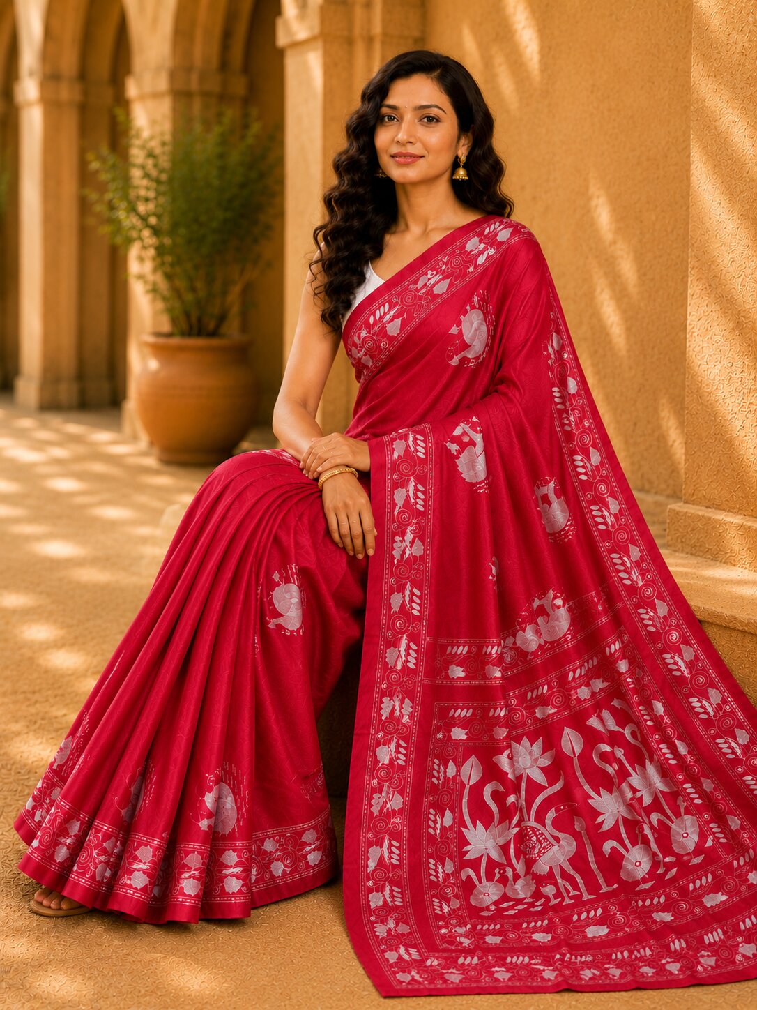 Laa Calcutta Pink & White hand-stitch embroidary silk blend kantha stitch saree
