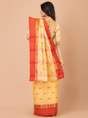 Beige & Red pure cotton taant saree