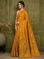 Laa Calcutta Yellow & Multi hand-stitch embroidary silk blend kantha stitch saree