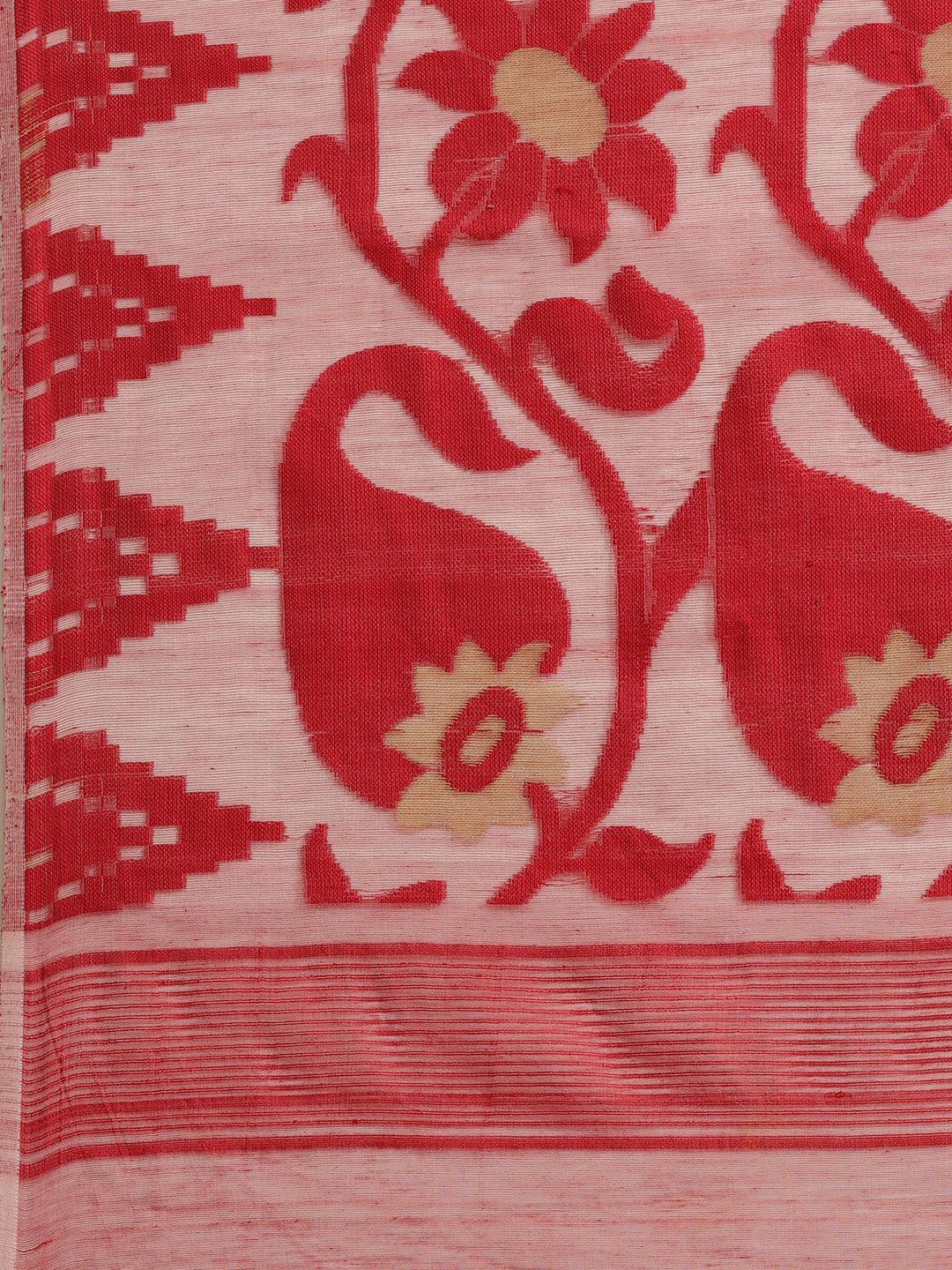 White & Red Cotton Jamdani Saree