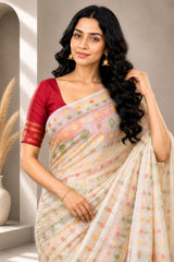 Laa Calcutta White & Multi cotton blend jamdani saree