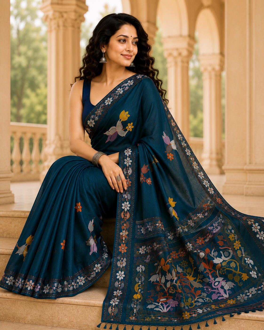 Laa Calcutta Navy Blue & Multi hand-stitch embroidary silk blend kantha stitch saree
