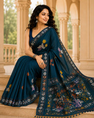 Laa Calcutta Navy Blue & Multi hand-stitch embroidary silk blend kantha stitch saree