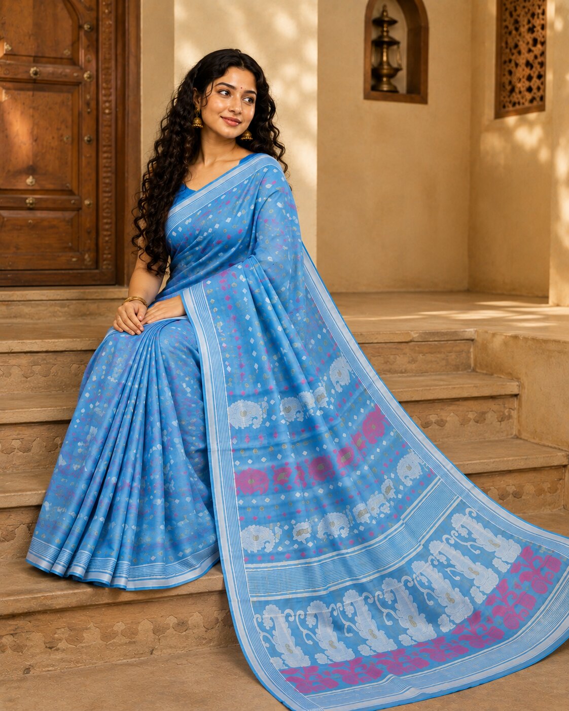 Sea Green & Multi cotton blend jamdani saree
