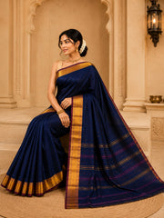 Laa Calcutta Navy Blue & Multi pure cotton Taant saree