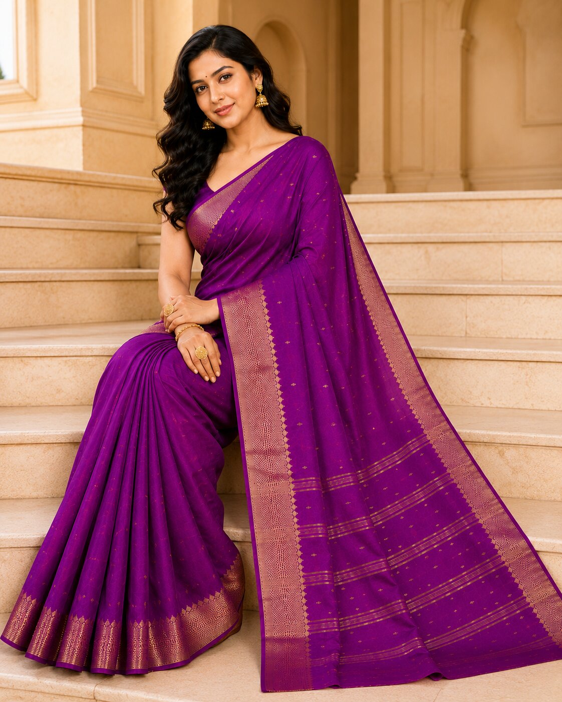 Laa Calcutta Purple & Gold pure cotton Taant saree