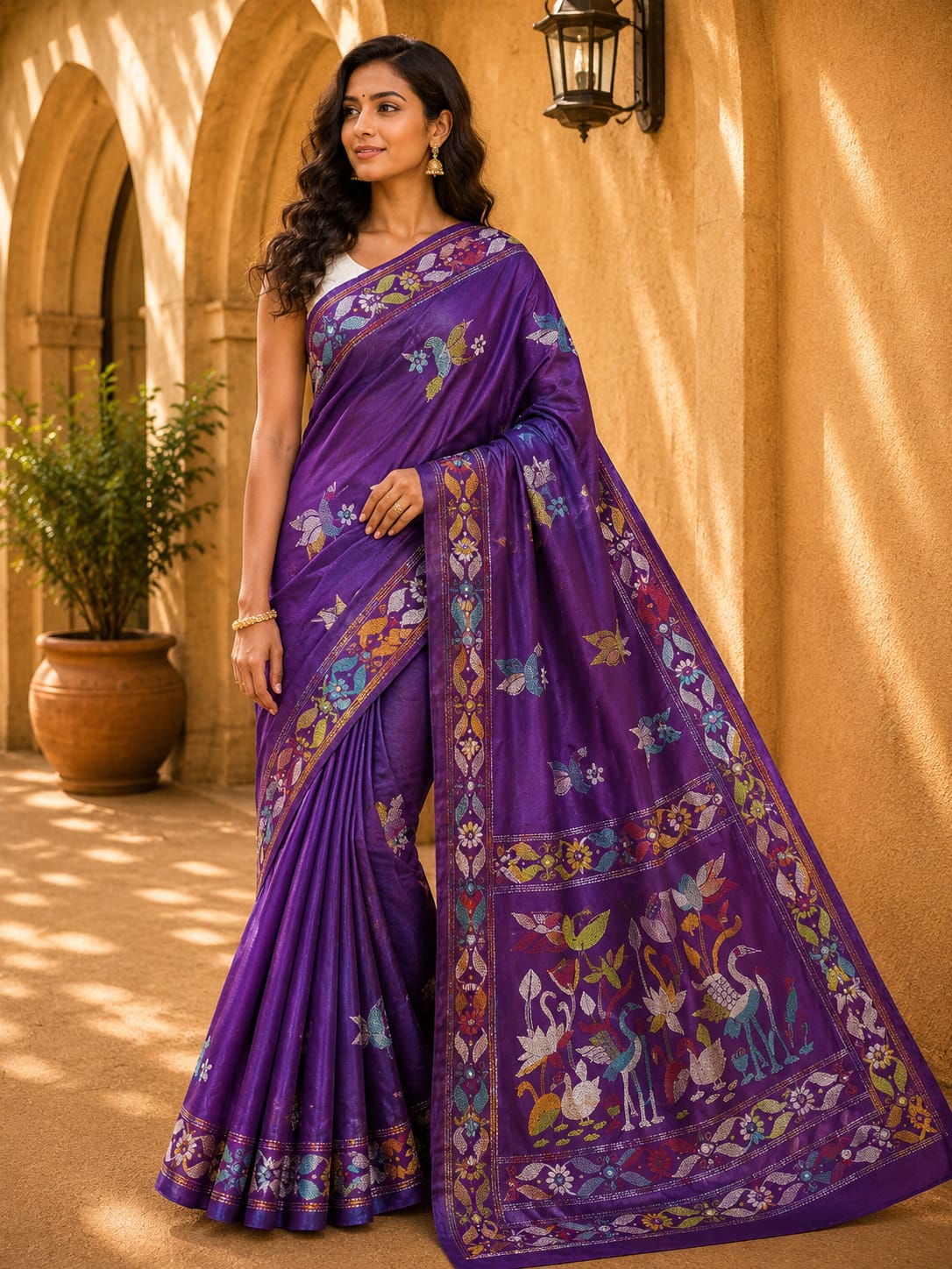Laa Calcutta Purple & Multi hand-stitch embroidary silk blend kantha stitch saree