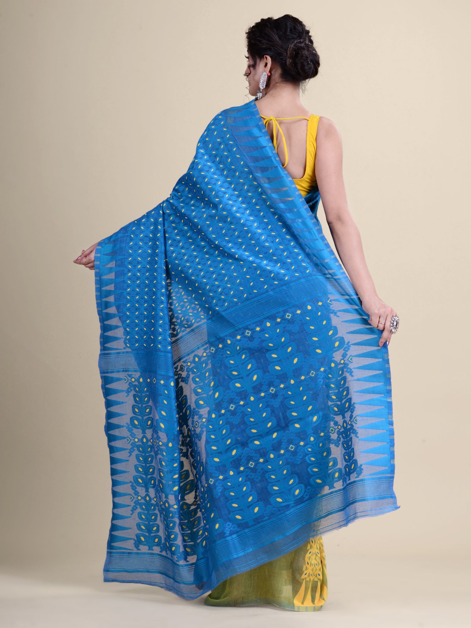 Blue  & Yellow Cotton Minakari Jamdani Saree