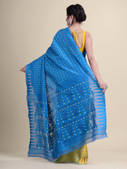 Blue  & Yellow Cotton Minakari Jamdani Saree