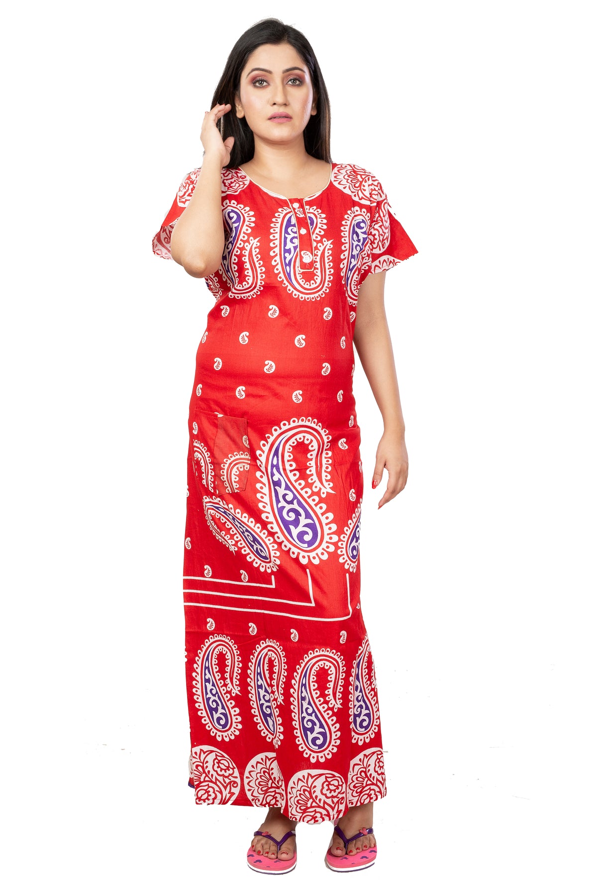 Red & White  pure cotton floral nighty