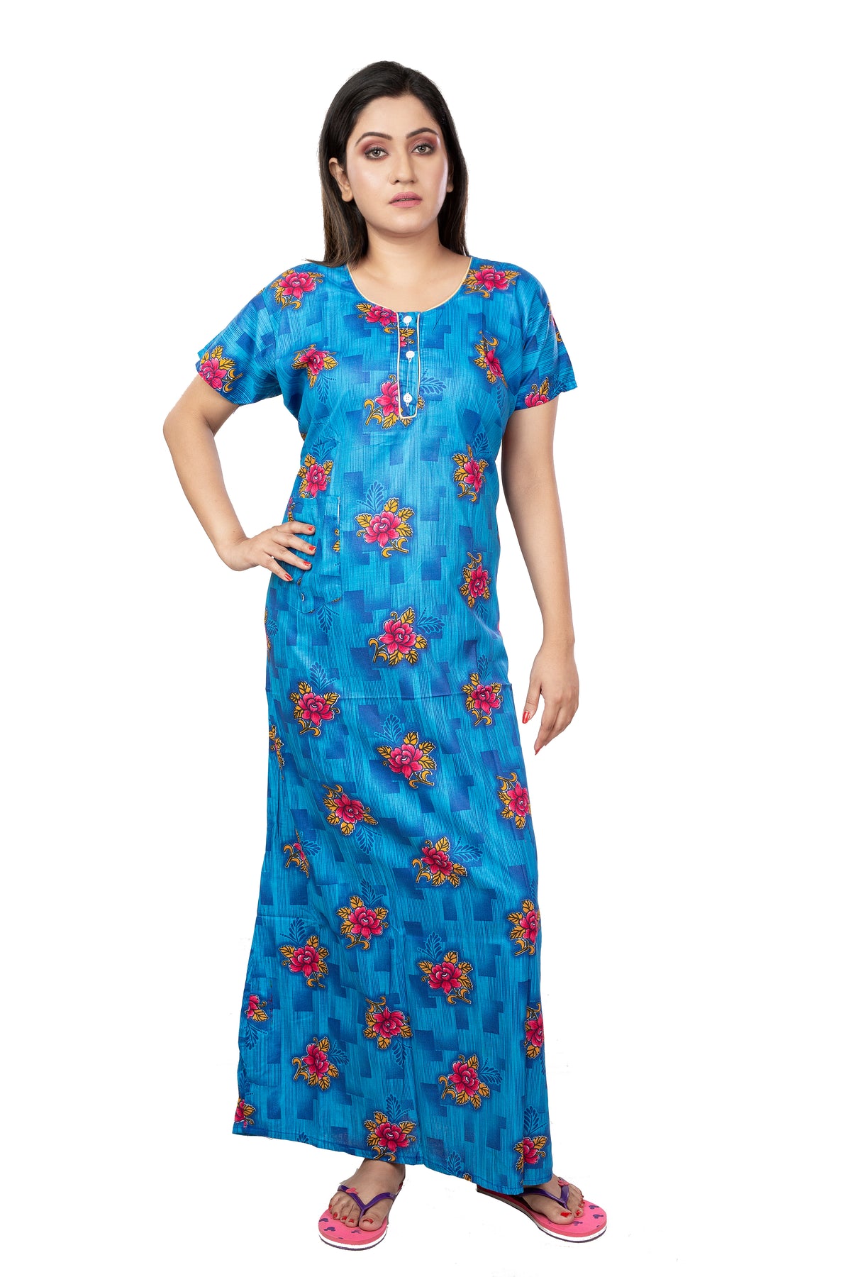 Blue & White pure cotton floral nighty