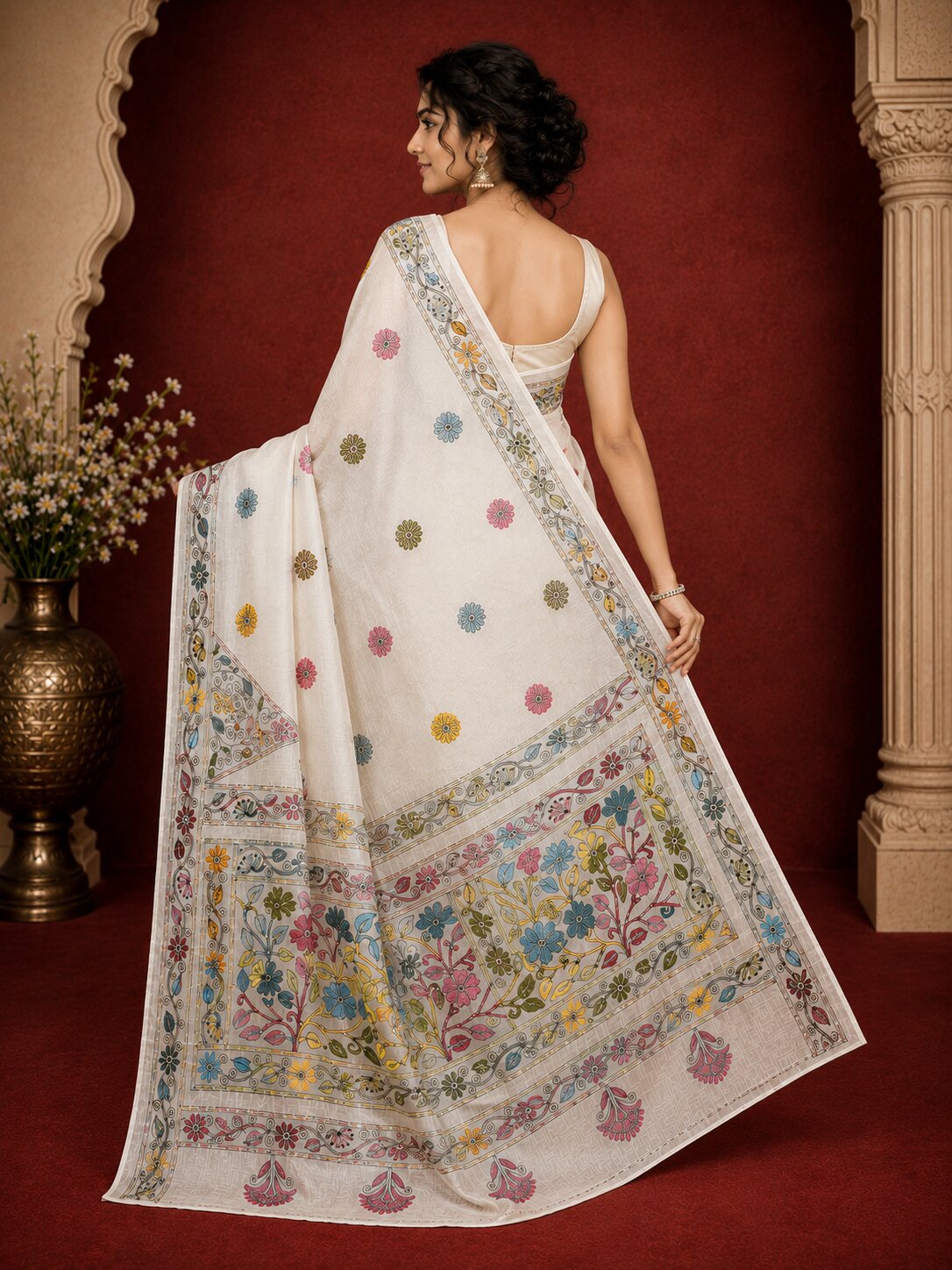 Laa Calcutta White & Multi hand-stitch embroidary silk blend kantha stitch saree