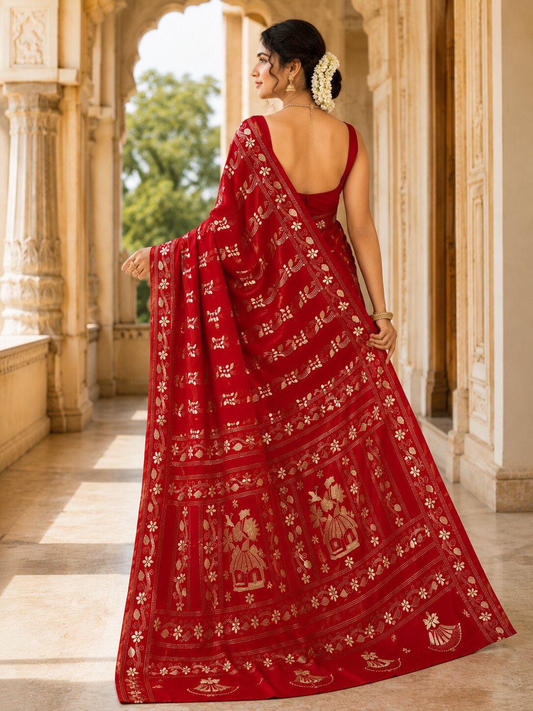 Laa Calcutta Red & White hand-stitch embroidary silk blend kantha stitch saree