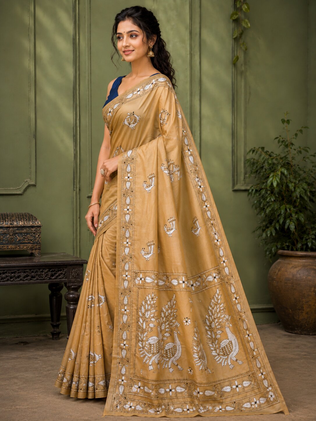 Laa Calcutta Beige & Multi hand-stitch embroidary silk blend kantha stitch saree