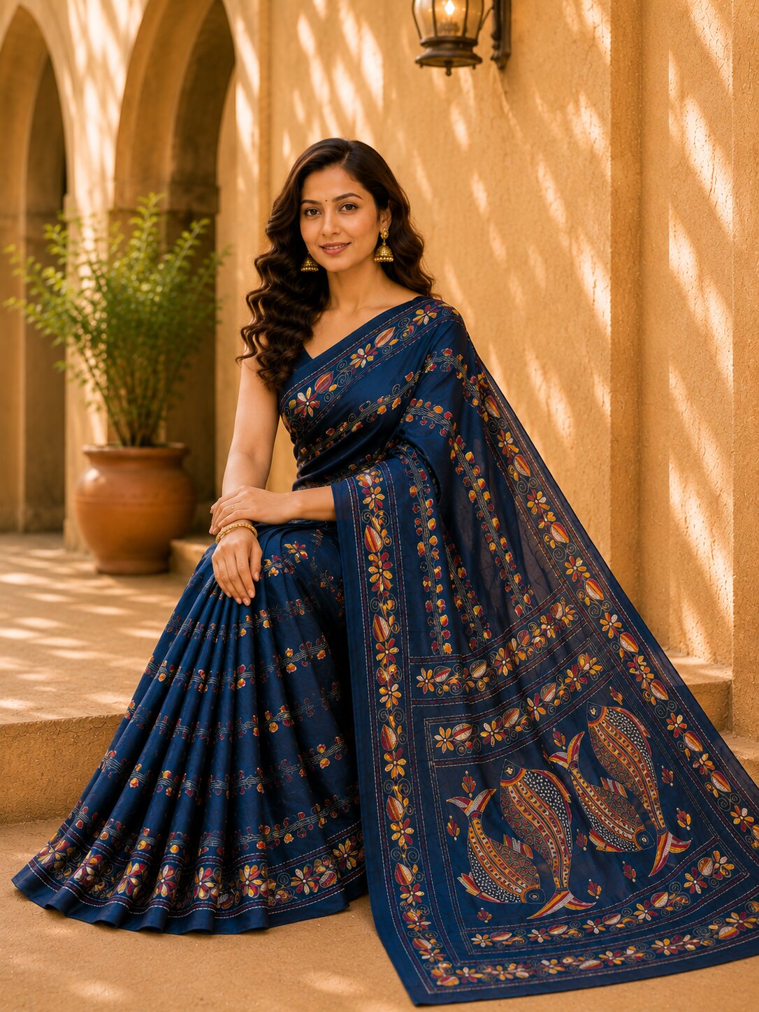 Laa Calcutta Navy Blue & Multi hand-stitch embroidary silk blend kantha stitch saree