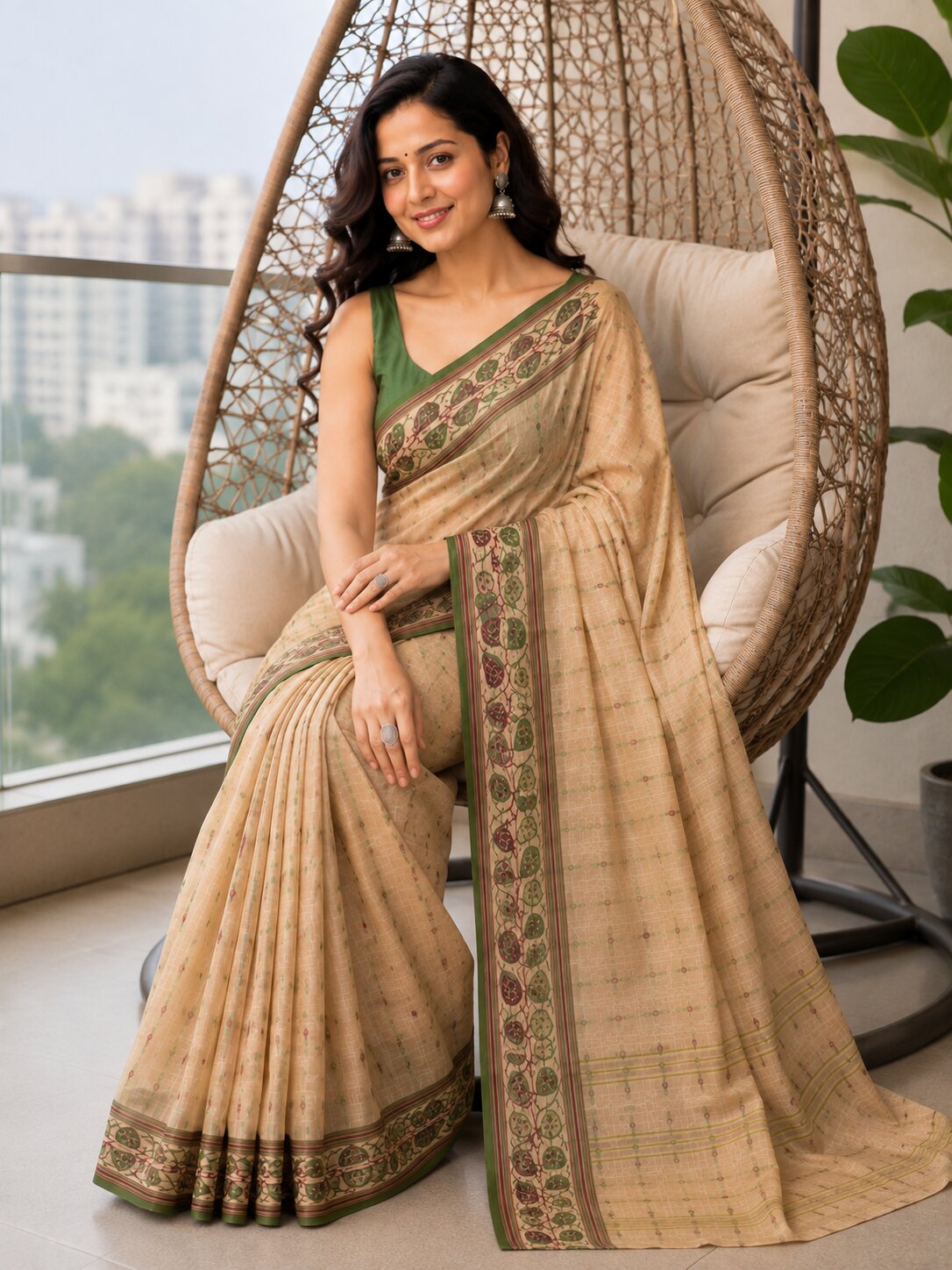 Laa Calcutta Beige & Multi cotton blend Taant saree